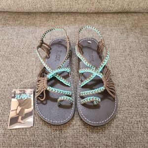 Plaka Braided Gladiator Sandals in Brown and Teal Turquoise 7 Boho